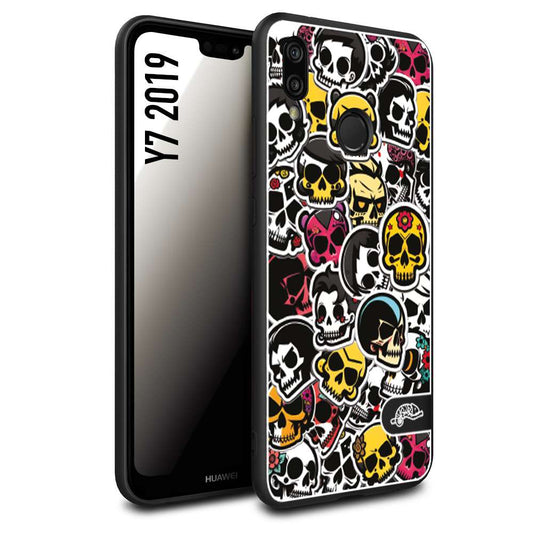 CUSTOMIZZA - Custodia cover nera morbida in tpu compatibile per Huawei Y7 2019 sticker bomb teschi colorati adesivi skulls skater snowboard