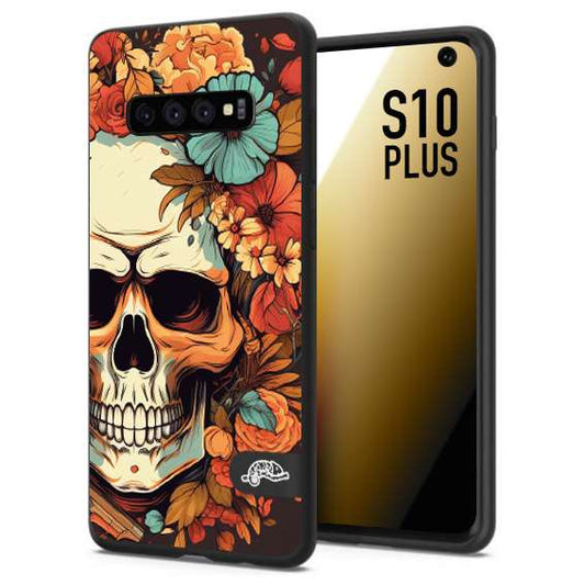 CUSTOMIZZA - Custodia cover nera morbida in tpu compatibile per Samsung S10 PLUS teschio skull flowers fiori autunnali arancio celeste tattoo