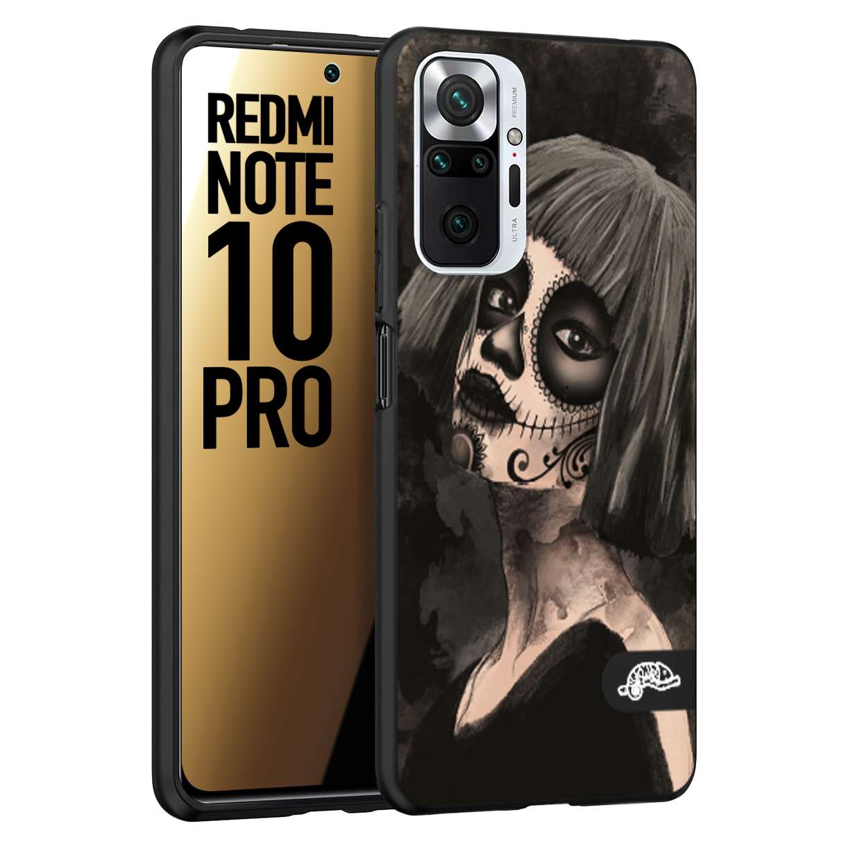 CUSTOMIZZA - Custodia cover nera morbida in tpu compatibile per Xiaomi Redmi Note 10 PRO chicana messicana dea de la muerte donna santa tattoo disegnata