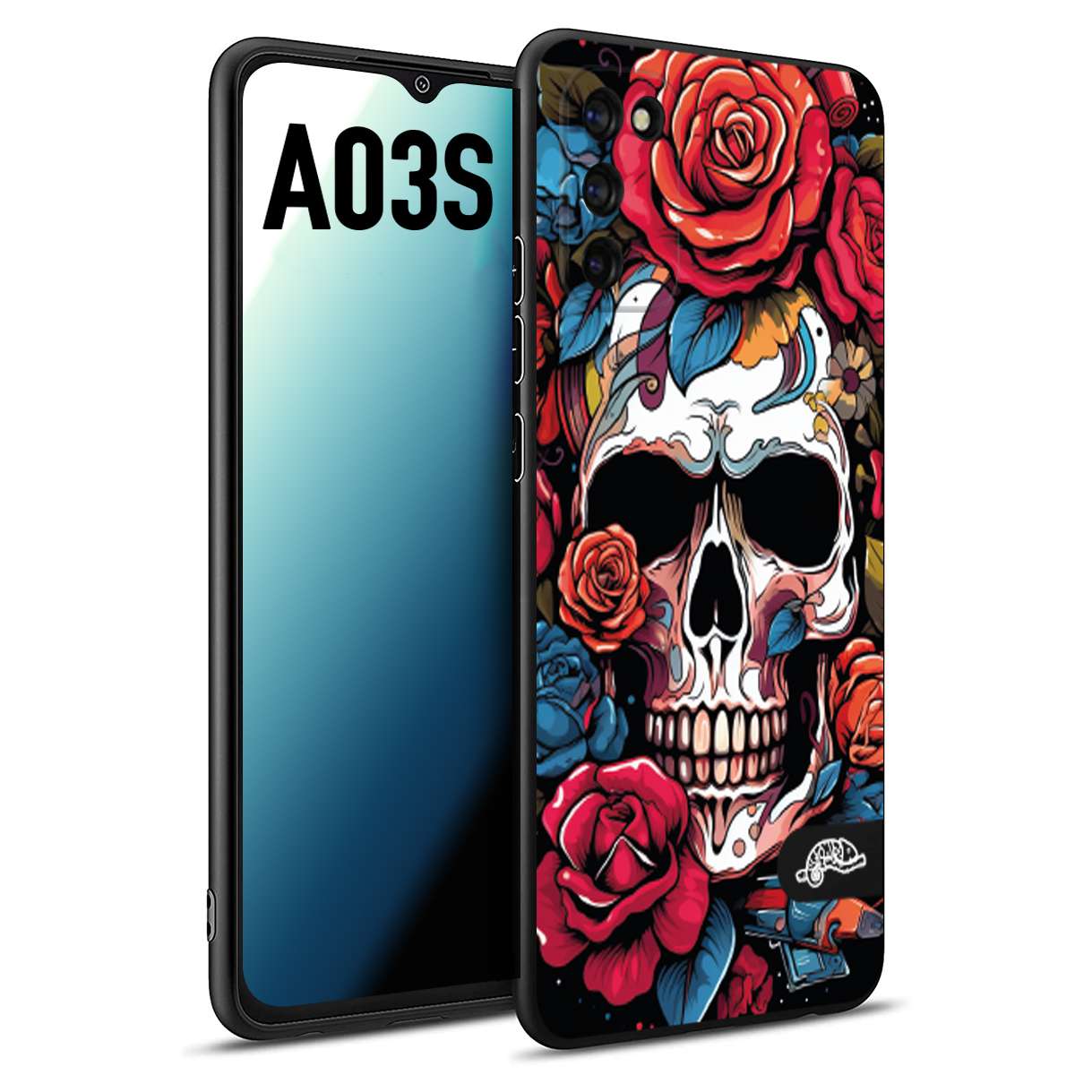 CUSTOMIZZA - Custodia cover nera morbida in tpu compatibile per Samsung A03S teschio skull flowers fiori rose rosse tattoo disegnato