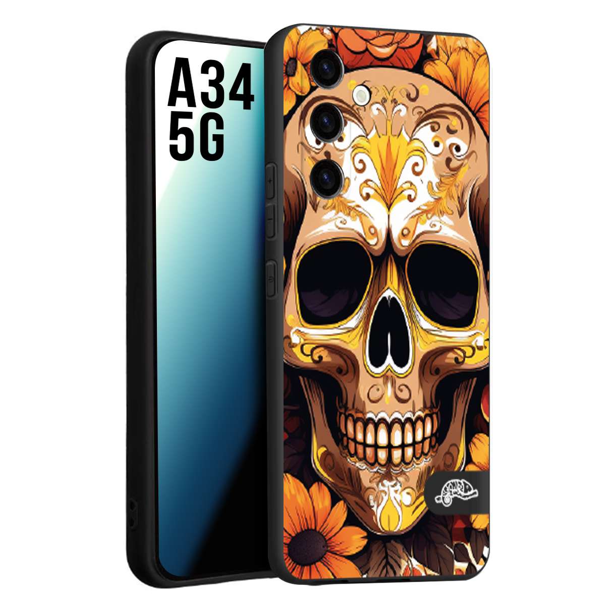 CUSTOMIZZA - Custodia cover nera morbida in tpu compatibile per Samsung A34 5G teschio messicano colorato dorato fiori tattoo disegnato