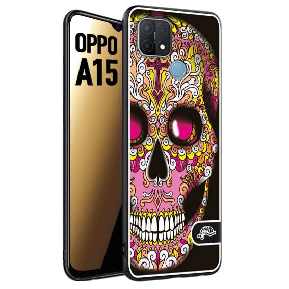 CUSTOMIZZA - Custodia cover nera morbida in tpu compatibile per Oppo A15 teschio messicano Mexican skull rosa gialla