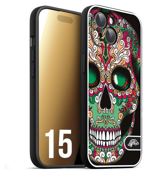 CUSTOMIZZA - Custodia cover nera morbida in tpu compatibile per iPhone 15 teschio messicano Mexican skull verde fucsia