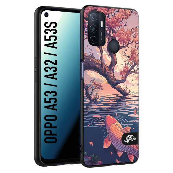 CUSTOMIZZA - Custodia cover nera morbida in tpu compatibile per Oppo A53 - A32 - A53S giapponese lago carpa koi rosa con foglie d'acero disegnata tattoo