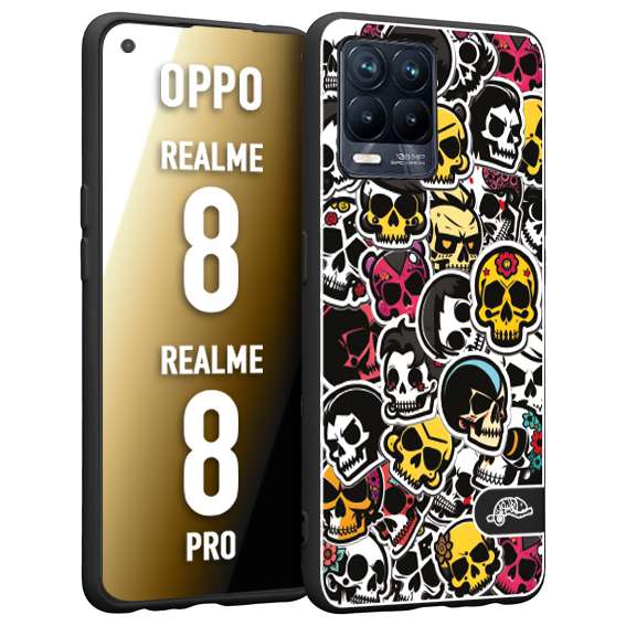 CUSTOMIZZA - Custodia cover nera morbida in tpu compatibile per Oppo Realme 8 - 8 PRO sticker bomb teschi colorati adesivi skulls skater snowboard