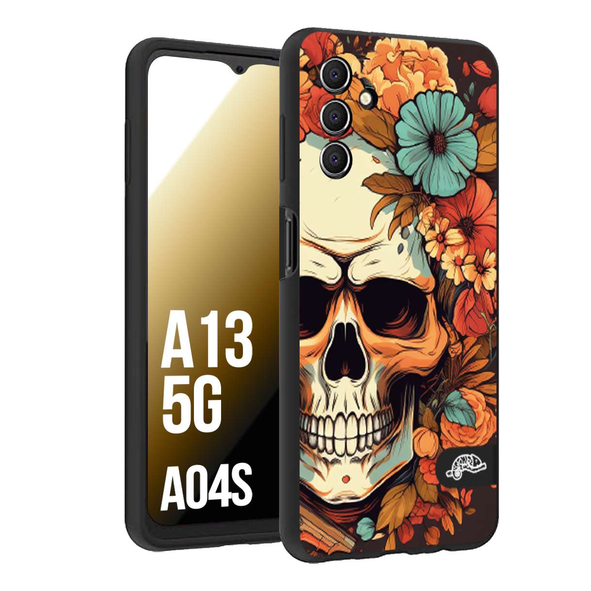 CUSTOMIZZA - Custodia cover nera morbida in tpu compatibile per Samsung A04S - A13 5G teschio skull flowers fiori autunnali arancio celeste tattoo