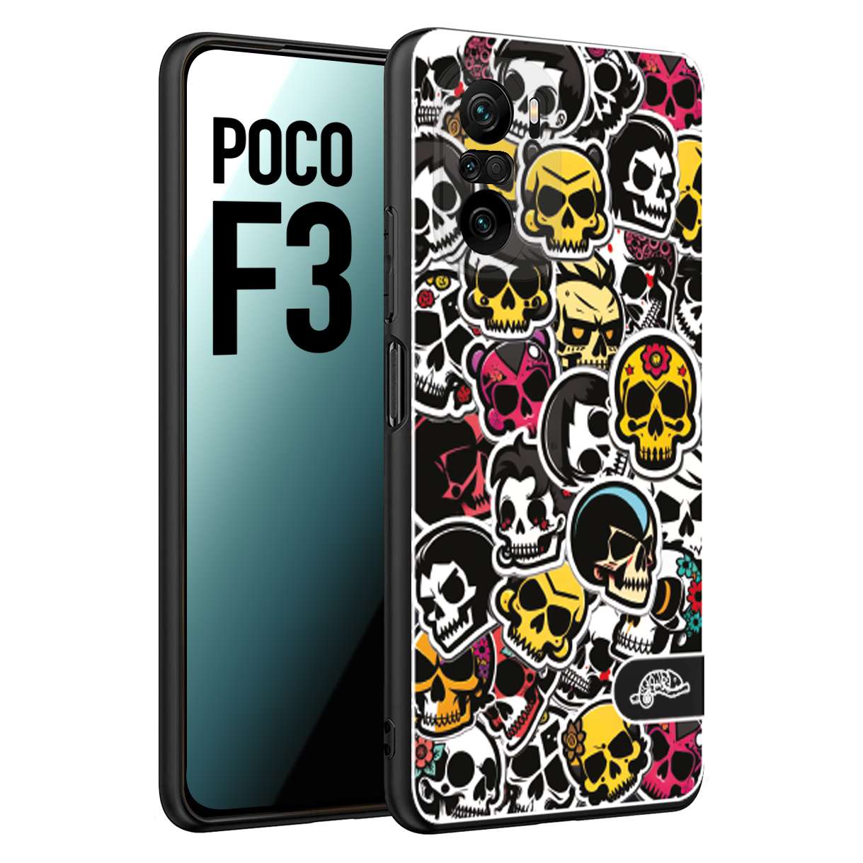 CUSTOMIZZA - Custodia cover nera morbida in tpu compatibile per Xiaomi Poco F3 sticker bomb teschi colorati adesivi skulls skater snowboard