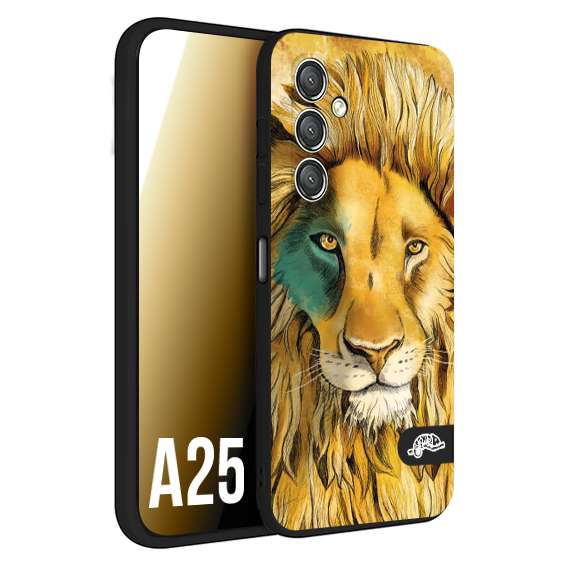 CUSTOMIZZA - Custodia cover nera morbida in tpu compatibile per Samsung A25 leone lion disegnato a mano giallo blu a rilievo artistico brown