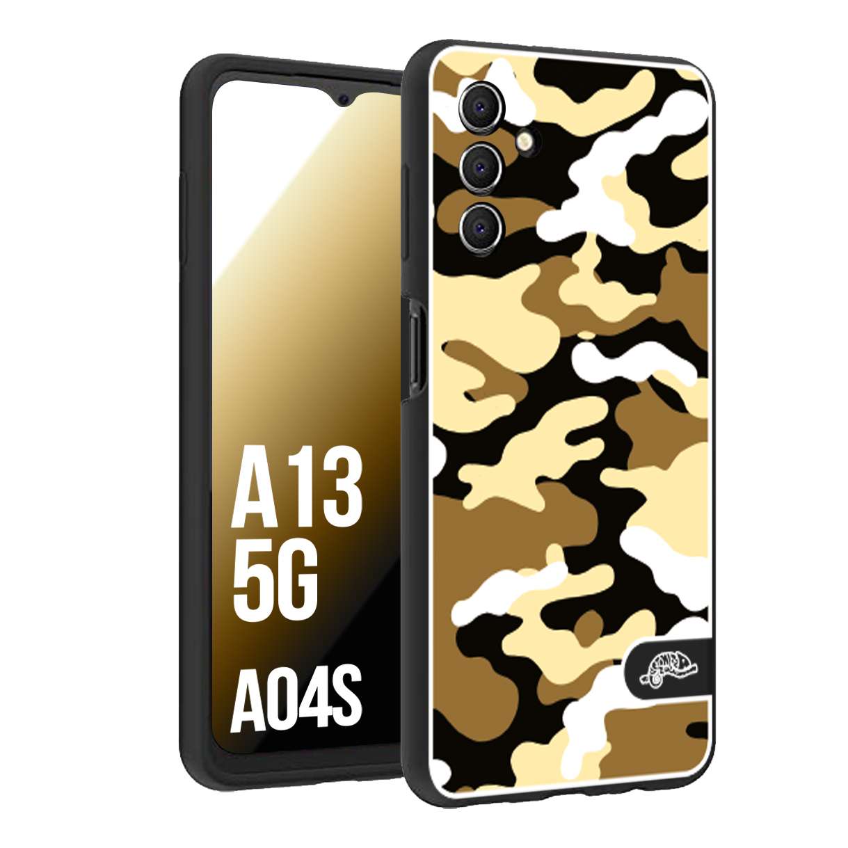 CUSTOMIZZA - Custodia cover nera morbida in tpu compatibile per Samsung A04S - A13 5G camouflage mimetico militare giallo desert brown