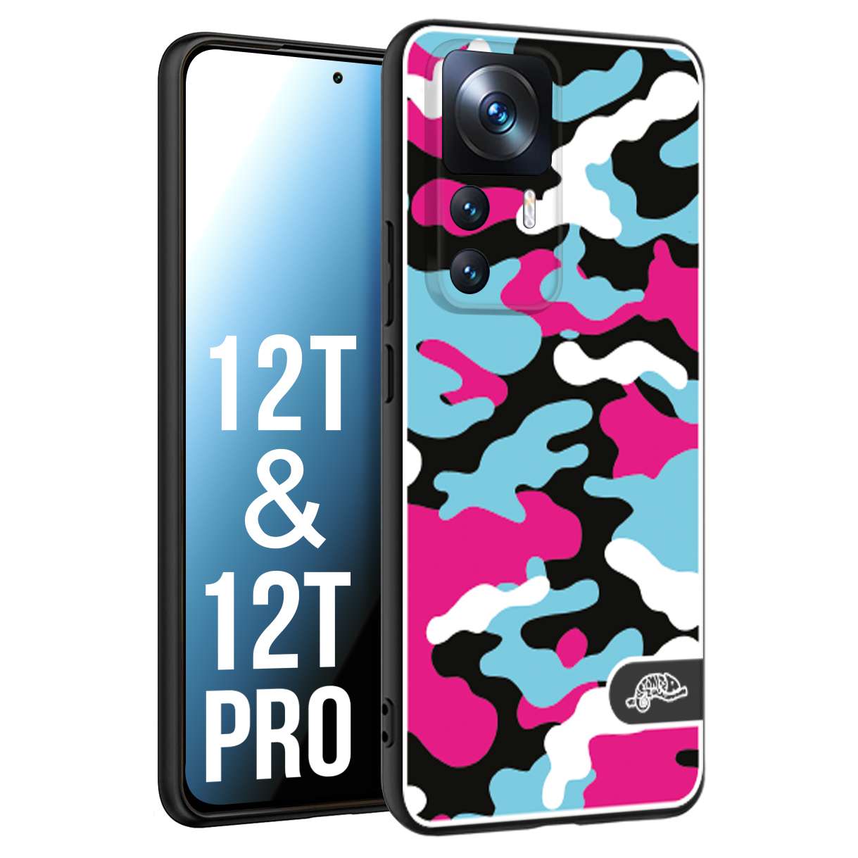 CUSTOMIZZA - Custodia cover nera morbida in tpu compatibile per Xiaomi 12T - 12T PRO camouflage mimetico militare fucsia celeste