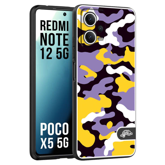 CUSTOMIZZA - Custodia cover nera morbida in tpu compatibile per Xiaomi Redmi Note 12 - POCO X5 5G camouflage mimetico militare viola lilla giallo