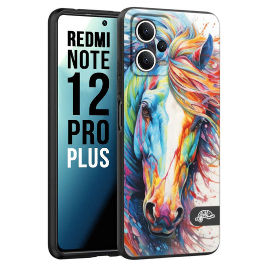 CUSTOMIZZA - Custodia cover nera morbida in tpu compatibile per Xiaomi Redmi Note 12 PRO PLUS animali color cavallo horse viso colori vibranti disegnato schizzo