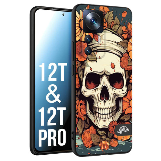 CUSTOMIZZA - Custodia cover nera morbida in tpu compatibile per Xiaomi 12T - 12T PRO teschio skull flowers fiori tattoo disegnato alta definizione