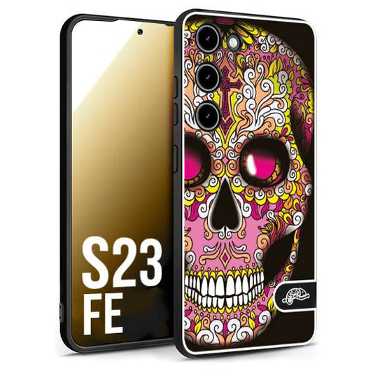 CUSTOMIZZA - Custodia cover nera morbida in tpu compatibile per Samsung S23 FE teschio messicano Mexican skull rosa gialla