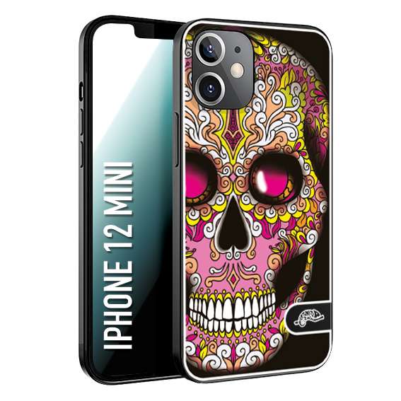 CUSTOMIZZA - Custodia cover nera morbida in tpu compatibile per iPhone 12 MINI teschio messicano Mexican skull rosa gialla