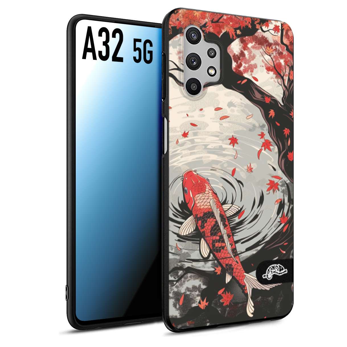 CUSTOMIZZA - Custodia cover nera morbida in tpu compatibile per Samsung A32 5G giapponese lago carpa koi rossa con foglie d'acero rosso disegnata tattoo