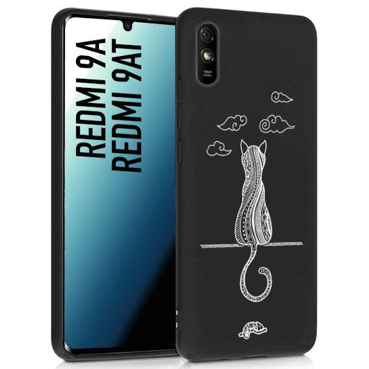 CUSTOMIZZA - Custodia cover nera morbida in tpu compatibile per Xiaomi Redmi 9A - 9AT gatto mandala stilizzato gattino a rilievo soft touch donna bianca