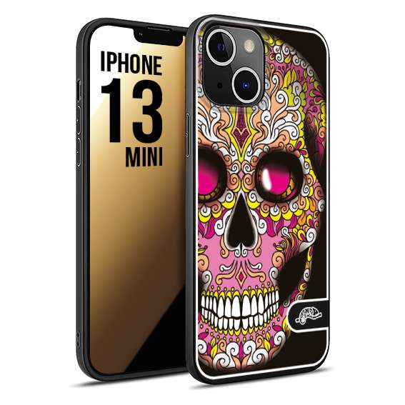 CUSTOMIZZA - Custodia cover nera morbida in tpu compatibile per iPhone 13 MINI teschio messicano Mexican skull rosa gialla