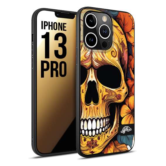 CUSTOMIZZA - Custodia cover nera morbida in tpu compatibile per iPhone 13 PRO teschio messicano colorato dorato fiori autunnali disegnato