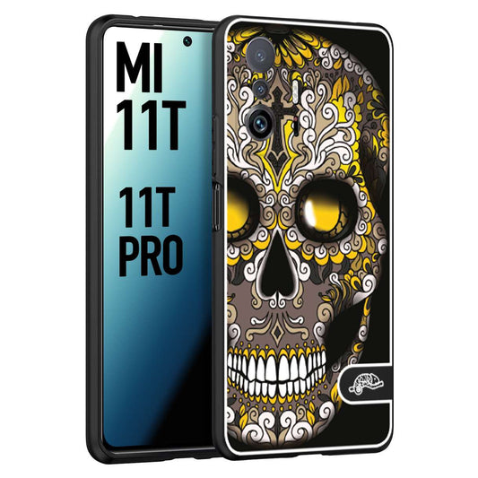 CUSTOMIZZA - Custodia cover nera morbida in tpu compatibile per Xiaomi Mi 11T - Mi 11T PRO teschio messicano Mexican skull nero giallo