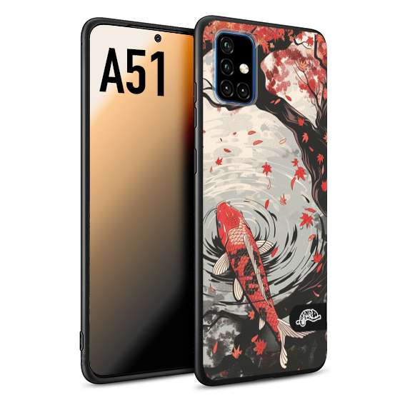 CUSTOMIZZA - Custodia cover nera morbida in tpu compatibile per Samsung A51 giapponese lago carpa koi rossa con foglie d'acero rosso disegnata tattoo