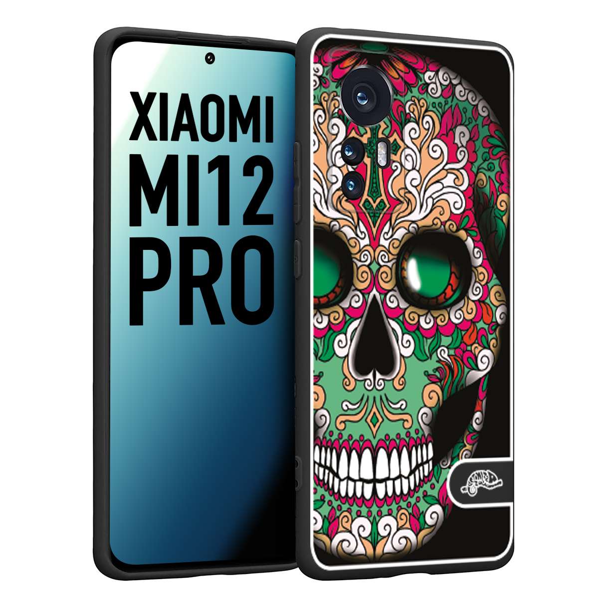 CUSTOMIZZA - Custodia cover nera morbida in tpu compatibile per Xiaomi 12 PRO teschio messicano Mexican skull verde fucsia