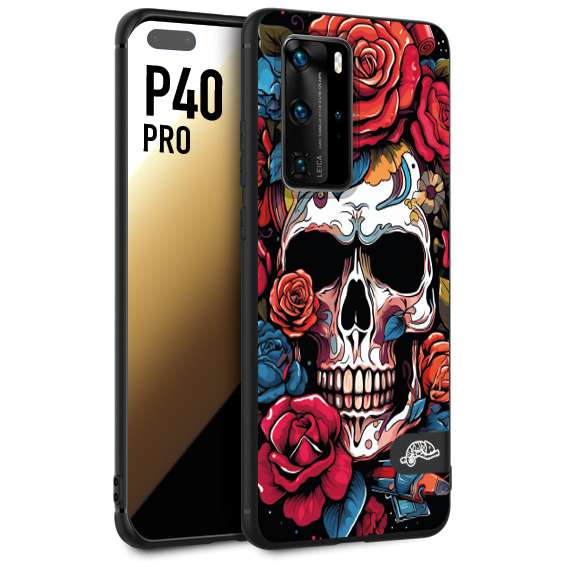 CUSTOMIZZA - Custodia cover nera morbida in tpu compatibile per Huawei P40 PRO teschio skull flowers fiori rose rosse tattoo disegnato