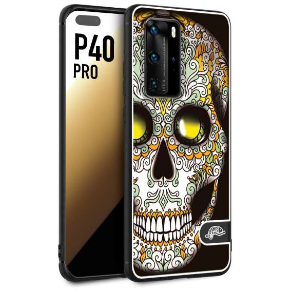 CUSTOMIZZA - Custodia cover nera morbida in tpu compatibile per Huawei P40 PRO teschio messicano Mexican skull bianco verde giallo