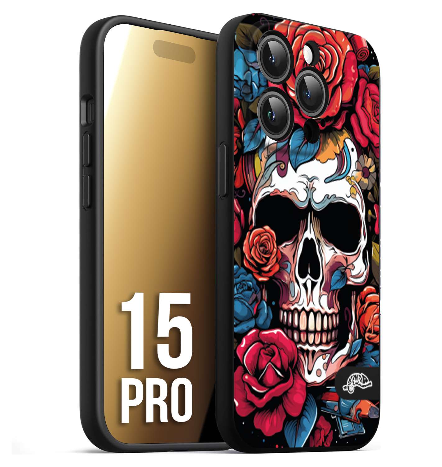 CUSTOMIZZA - Custodia cover nera morbida in tpu compatibile per iPhone 15 PRO teschio skull flowers fiori rose rosse tattoo disegnato