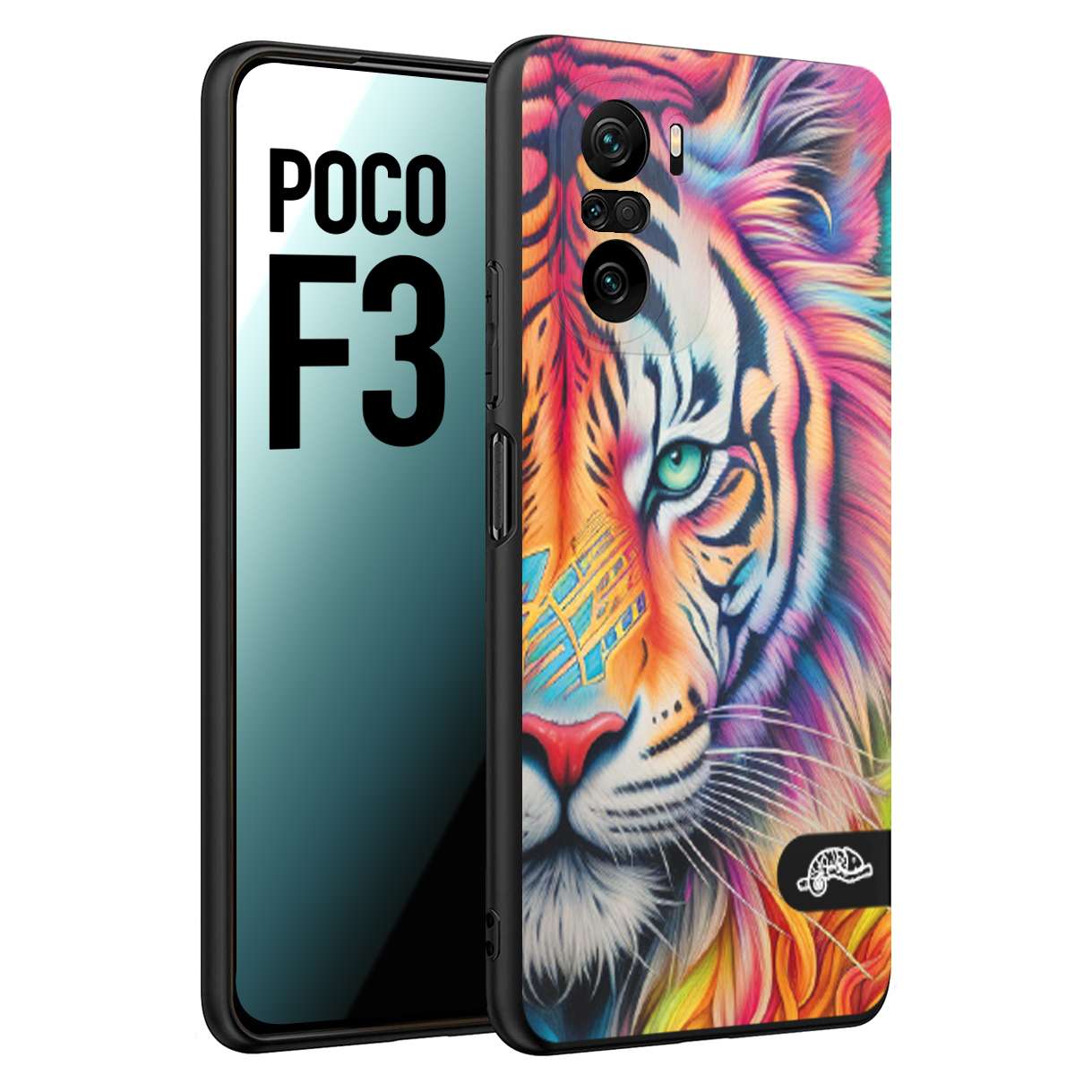 CUSTOMIZZA - Custodia cover nera morbida in tpu compatibile per Xiaomi Poco F3 animali color tigre tiger viso colori vibranti disegnato schizzo