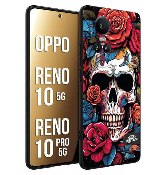 CUSTOMIZZA - Custodia cover nera morbida in tpu compatibile per Oppo Reno 10 5G - 10 PRO 5G teschio skull flowers fiori rose rosse tattoo disegnato