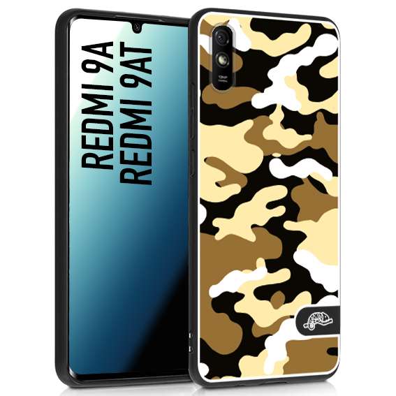 CUSTOMIZZA - Custodia cover nera morbida in tpu compatibile per Xiaomi Redmi 9A - 9AT camouflage mimetico militare giallo desert brown