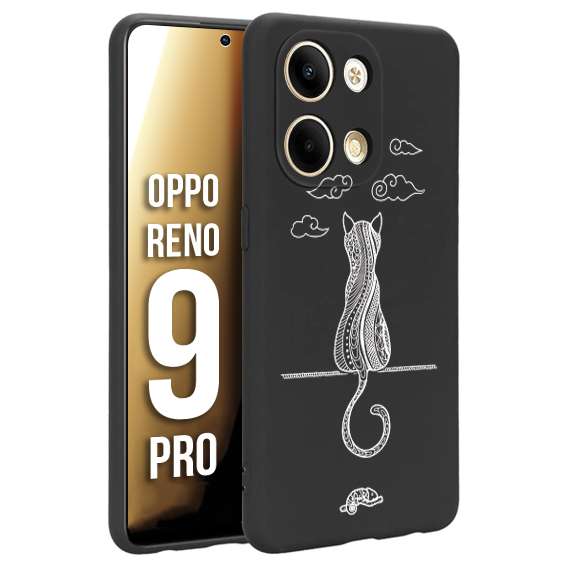 CUSTOMIZZA - Custodia cover nera morbida in tpu compatibile per Oppo Reno 9 PRO gatto mandala stilizzato gattino a rilievo soft touch donna bianca