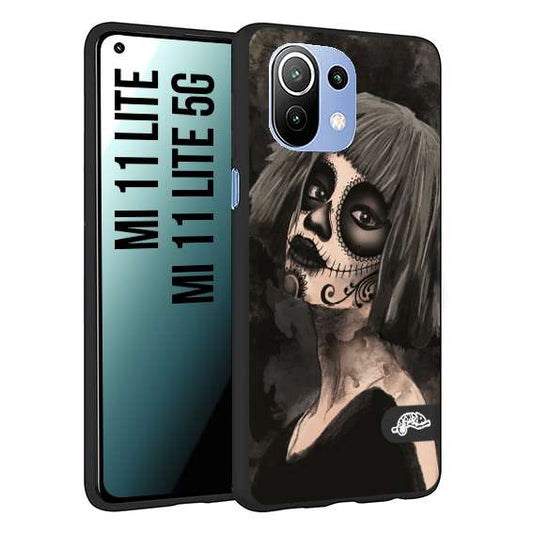 CUSTOMIZZA - Custodia cover nera morbida in tpu compatibile per Xiaomi Mi 11 Lite / Mi 11 Lite 5G chicana messicana dea de la muerte donna santa tattoo disegnata