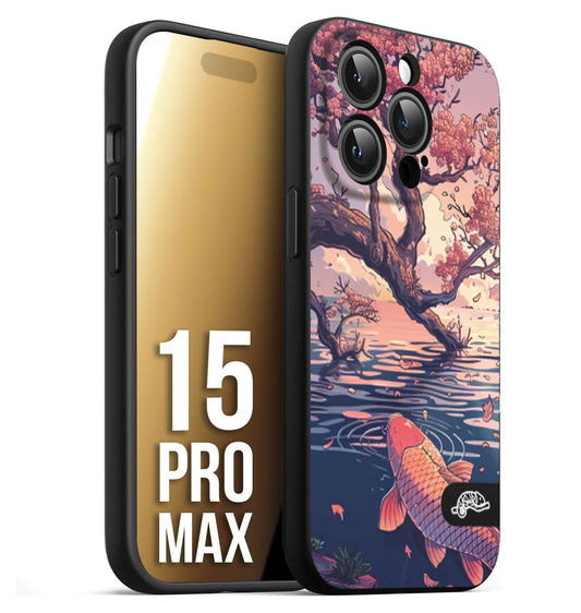 CUSTOMIZZA - Custodia cover nera morbida in tpu compatibile per iPhone 15 PRO MAX giapponese lago carpa koi rosa con foglie d'acero disegnata tattoo