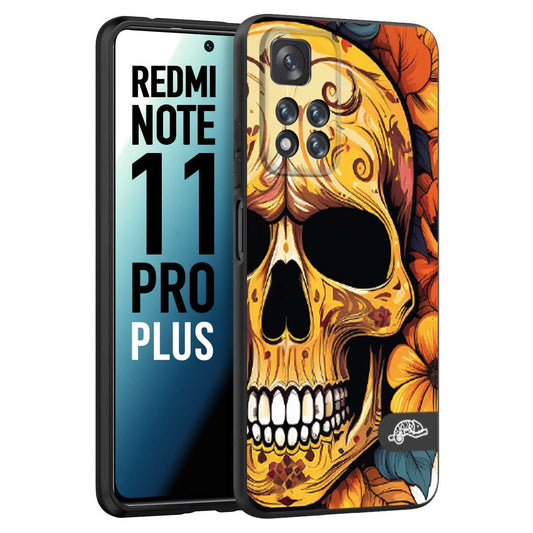 CUSTOMIZZA - Custodia cover nera morbida in tpu compatibile per Xiaomi Redmi Note 11 PRO PLUS teschio messicano colorato dorato fiori autunnali disegnato