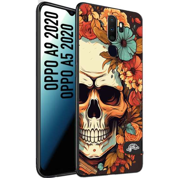 CUSTOMIZZA - Custodia cover nera morbida in tpu compatibile per Oppo A9 2020 - A5 2020 teschio skull flowers fiori autunnali arancio celeste tattoo