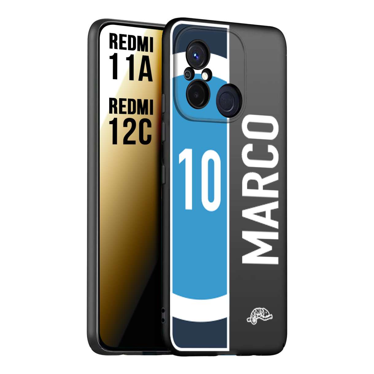 CUSTOMIZZA - Custodia cover nera morbida in tpu compatibile per Xiaomi Redmi 11A - 12C personalizzata calcio football nome e numero calciatori biancoazzurri bianco celesti