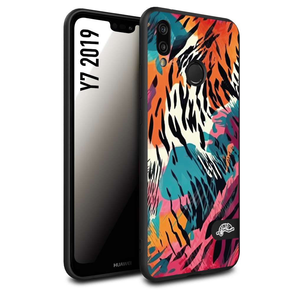 CUSTOMIZZA - Custodia cover nera morbida in tpu compatibile per Huawei Y7 2019 leopardato maculato tigrato tiger colorata summer color