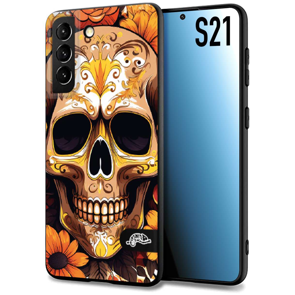 CUSTOMIZZA - Custodia cover nera morbida in tpu compatibile per Samsung S21 teschio messicano colorato dorato fiori tattoo disegnato