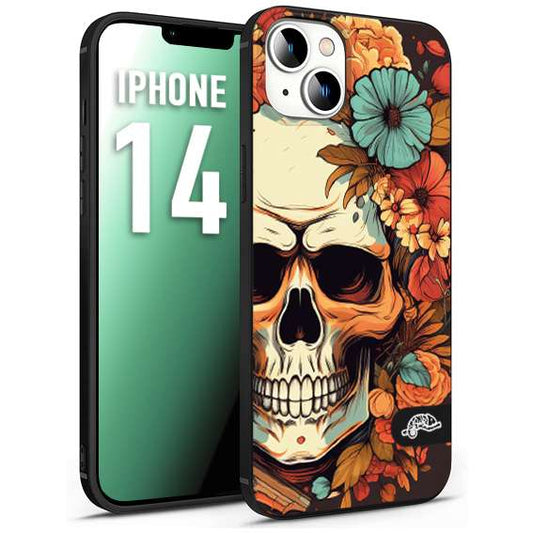 CUSTOMIZZA - Custodia cover nera morbida in tpu compatibile per iPhone 14 teschio skull flowers fiori autunnali arancio celeste tattoo