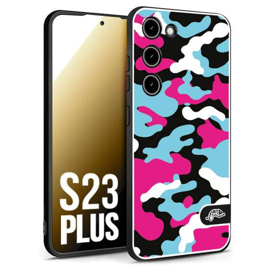 CUSTOMIZZA - Custodia cover nera morbida in tpu compatibile per Samsung S23 PLUS camouflage mimetico militare fucsia celeste