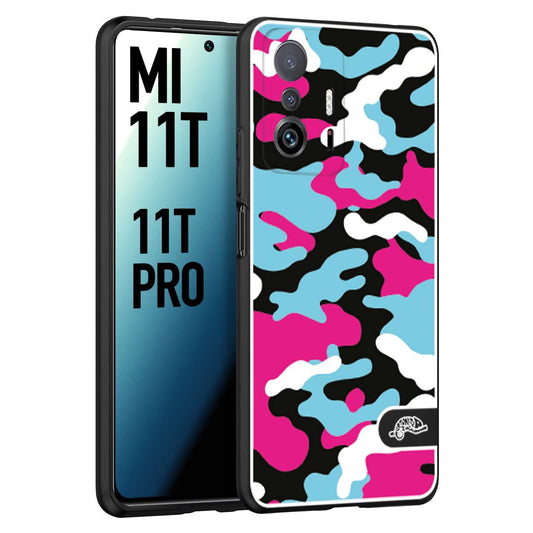 CUSTOMIZZA - Custodia cover nera morbida in tpu compatibile per Xiaomi Mi 11T - Mi 11T PRO camouflage mimetico militare fucsia celeste