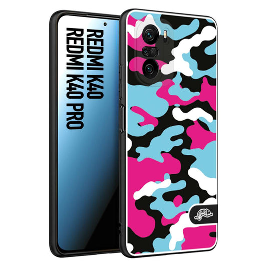 CUSTOMIZZA - Custodia cover nera morbida in tpu compatibile per Xiaomi Redmi K40 - K40 Pro camouflage mimetico militare fucsia celeste