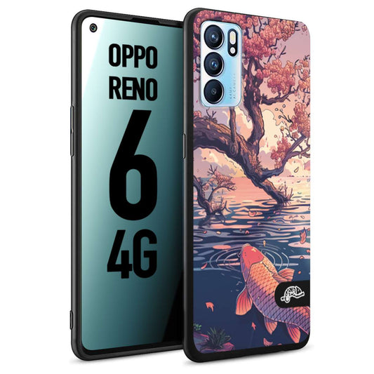 CUSTOMIZZA - Custodia cover nera morbida in tpu compatibile per Oppo Reno 6 4G giapponese lago carpa koi rosa con foglie d'acero disegnata tattoo