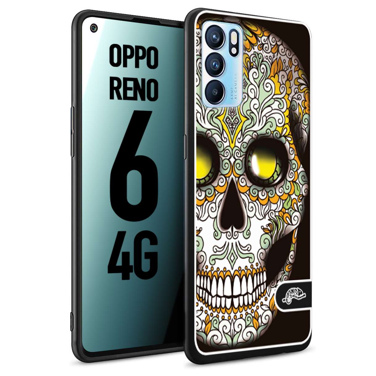 CUSTOMIZZA - Custodia cover nera morbida in tpu compatibile per Oppo Reno 6 4G teschio messicano Mexican skull bianco verde giallo