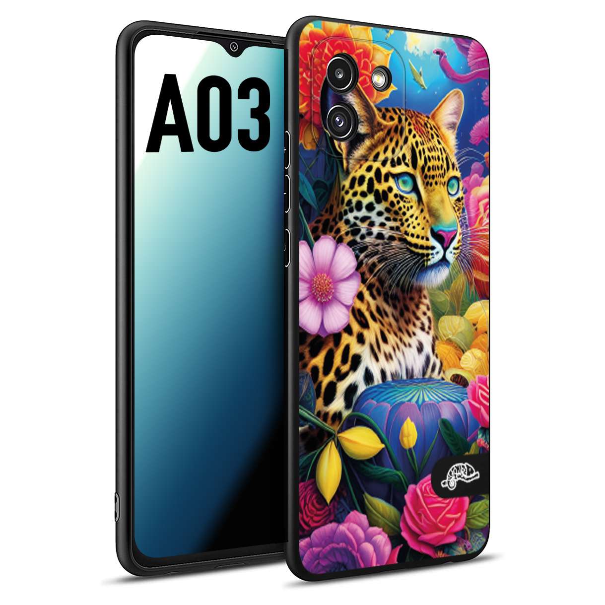 CUSTOMIZZA - Custodia cover nera morbida in tpu compatibile per Samsung A03 fiori astratti donna flower fantasia leopardo ghepardo animali colorati