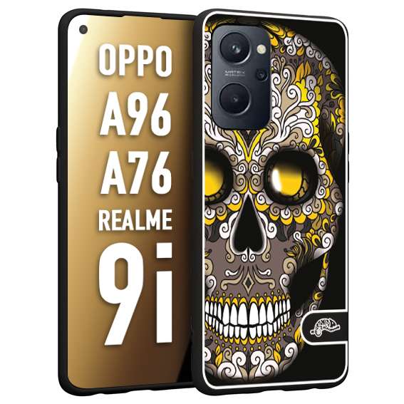 CUSTOMIZZA - Custodia cover nera morbida in tpu compatibile per Oppo Realme 9i - A96 - A76 teschio messicano Mexican skull nero giallo