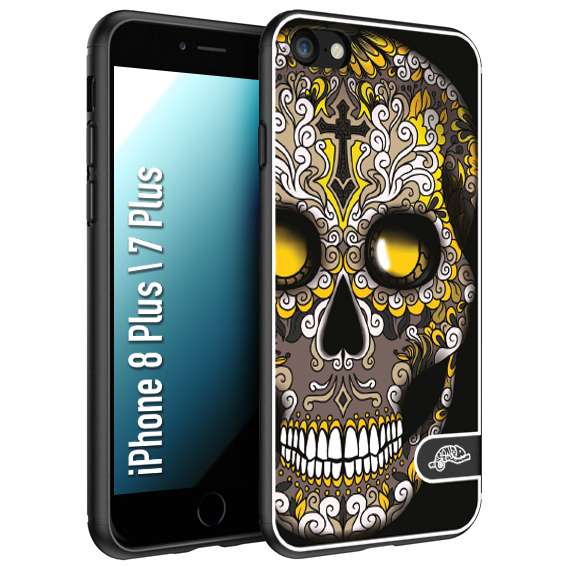 CUSTOMIZZA - Custodia cover nera morbida in tpu compatibile per iPhone 7 Plus - 8 plusteschio messicano Mexican skull nero giallo