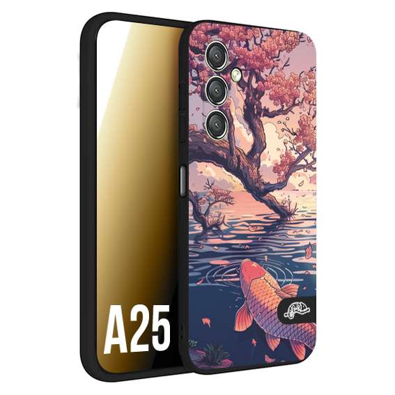 CUSTOMIZZA - Custodia cover nera morbida in tpu compatibile per Samsung A25 giapponese lago carpa koi rosa con foglie d'acero disegnata tattoo